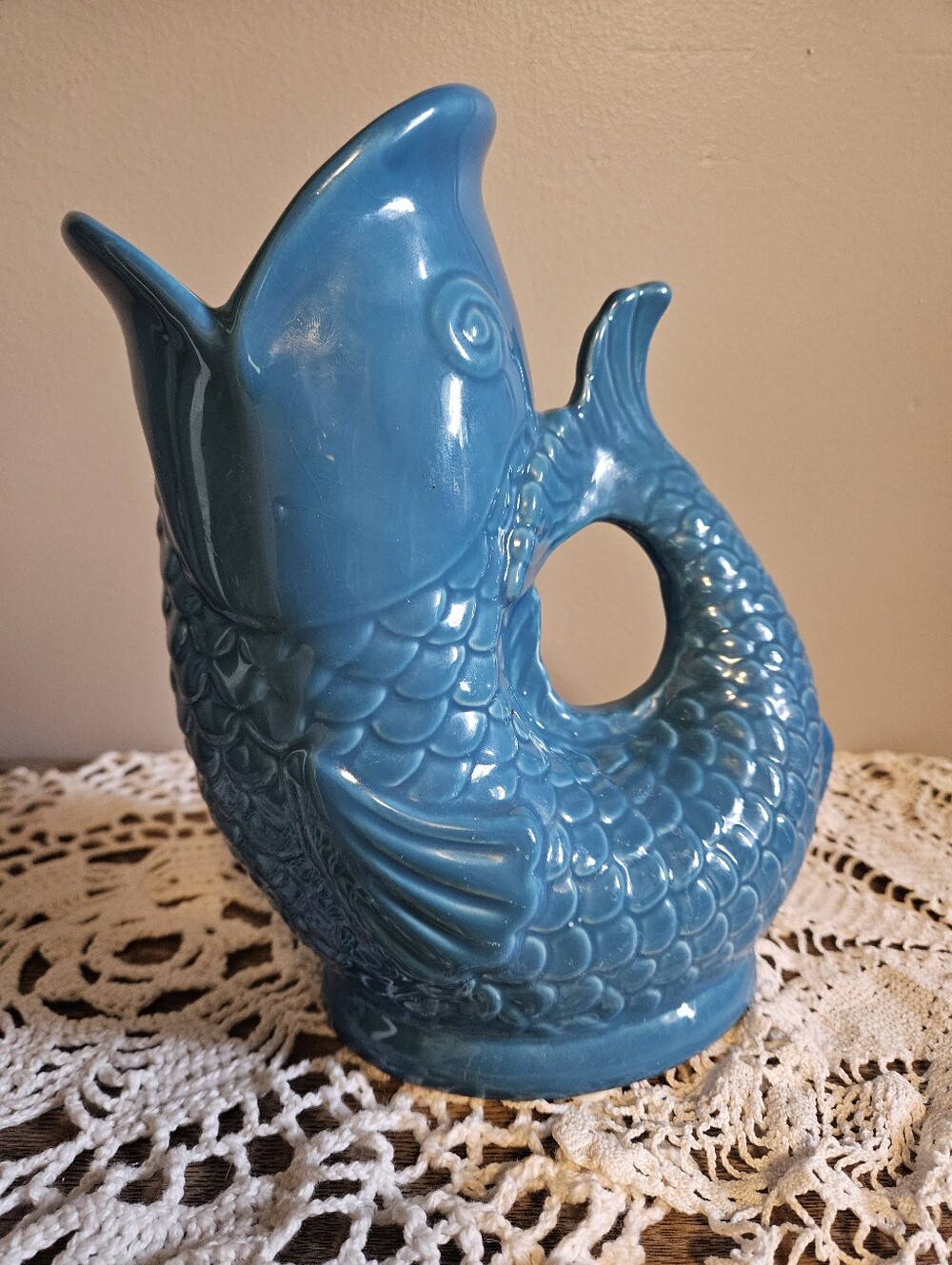 Blue Gluggling Fish Fisherman Boho Coastal Seaside Decor Pitcher